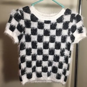 Fuzzy white checkered crop top